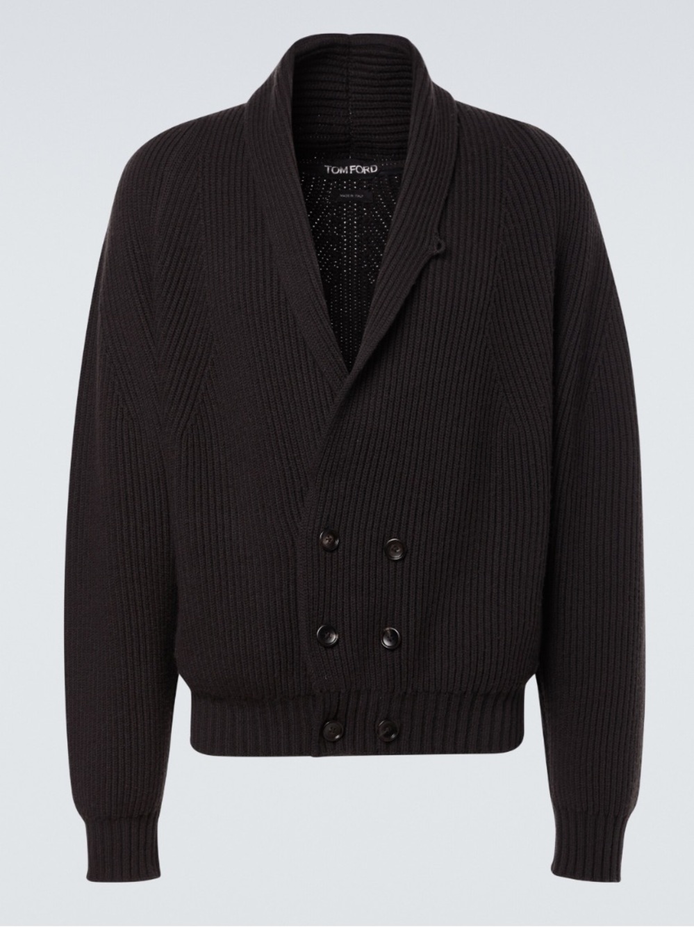 Tom Ford Dark Brown Shawl-Collar Double-Breasted Ribbed Cardigan